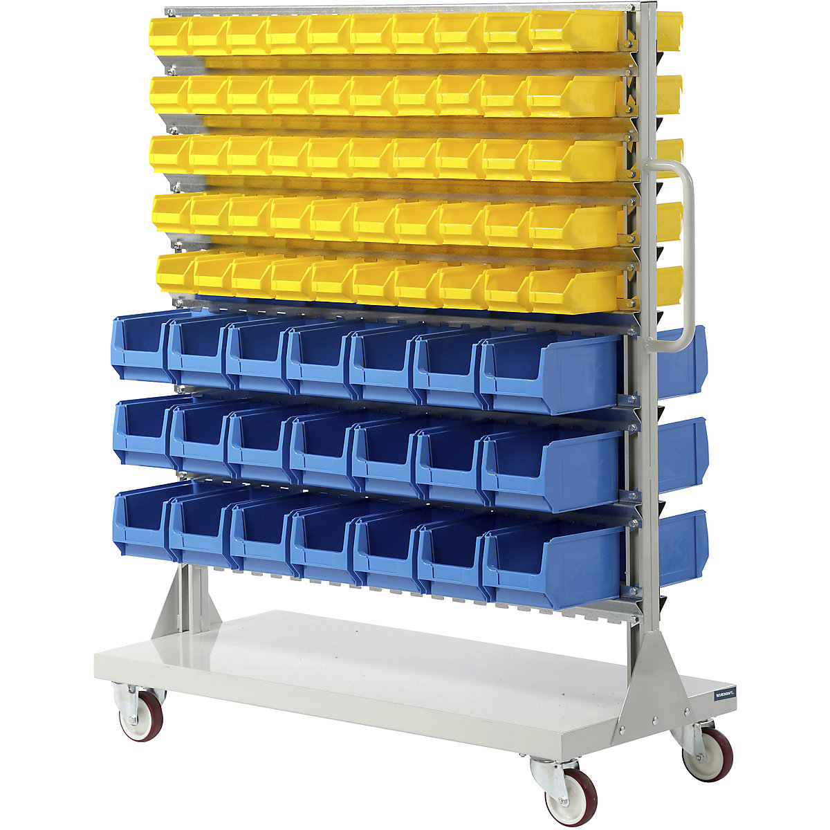 Mobile rack with open fronted storage bins – eurokraft pro, double sided, HxWxD 1450 x 1170 x 540 mm, with 156 bins-5
