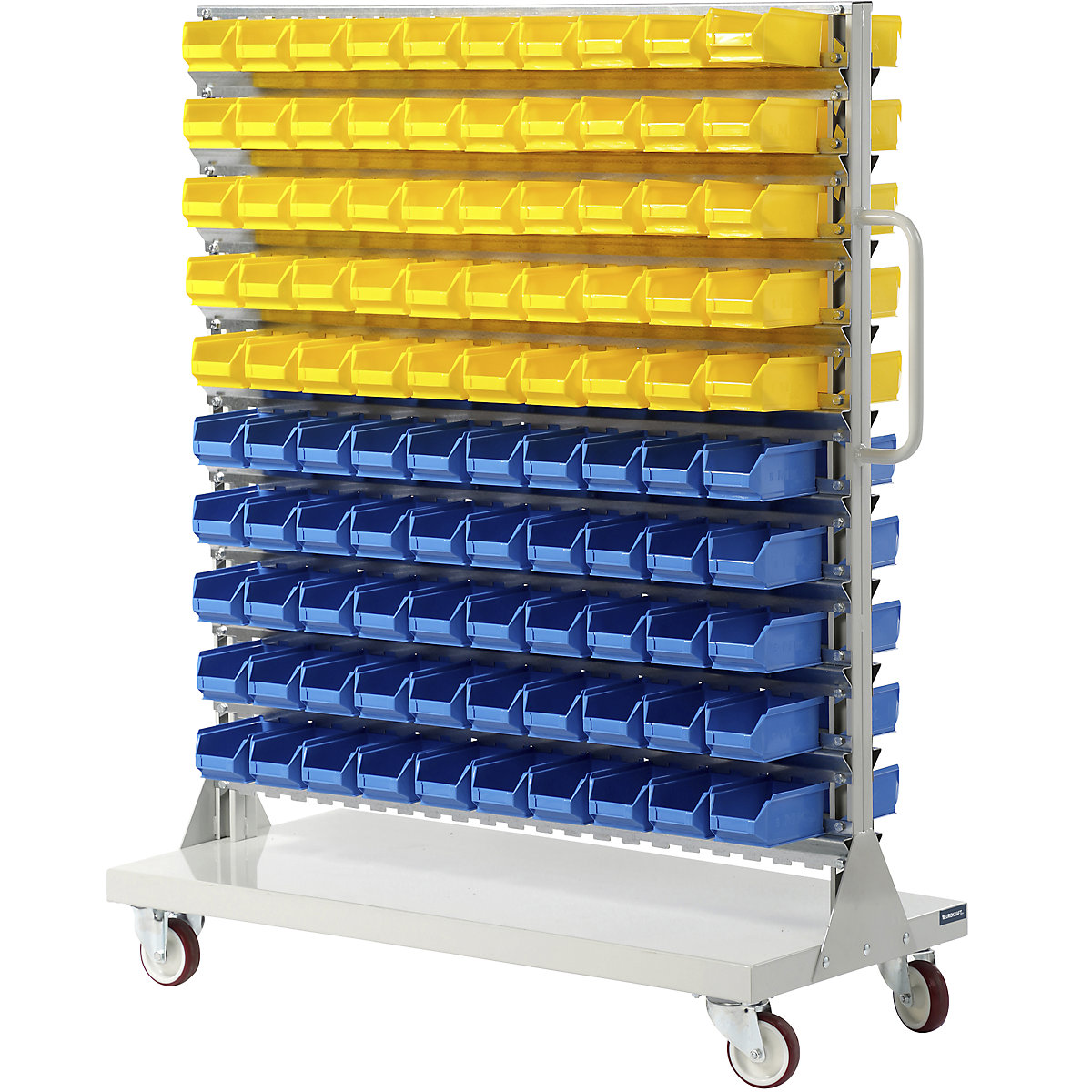 Mobile rack with open fronted storage bins – eurokraft pro, double sided, HxWxD 1450 x 1170 x 540 mm, with 210 bins-4