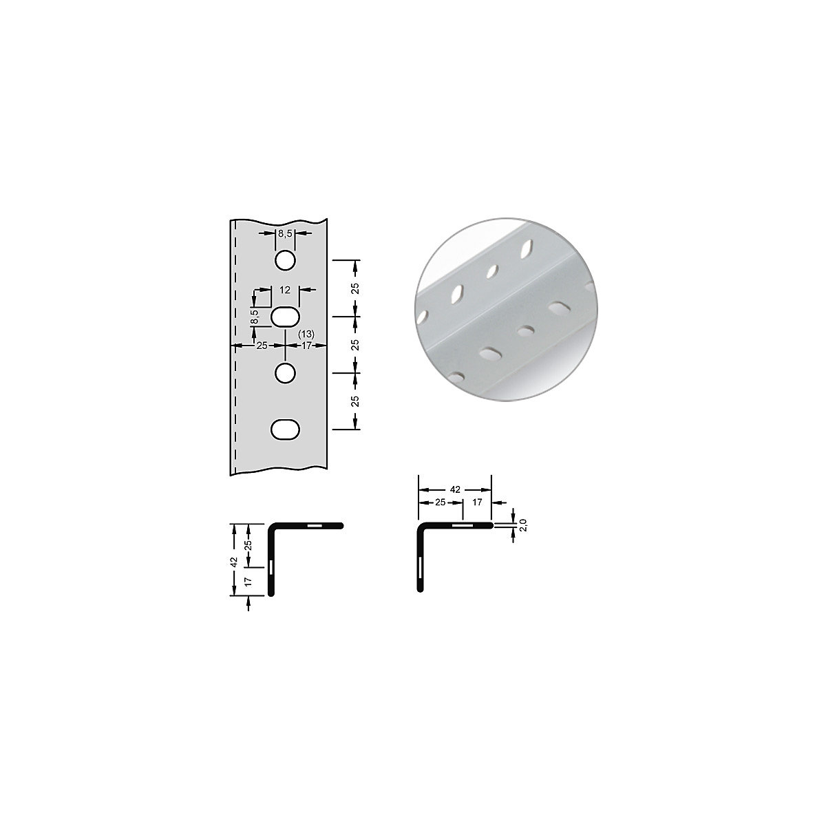 Angled steel profile for modular system – hofe, 42 x 42 x 2 mm, length 3 m, light grey, pack of 6-7