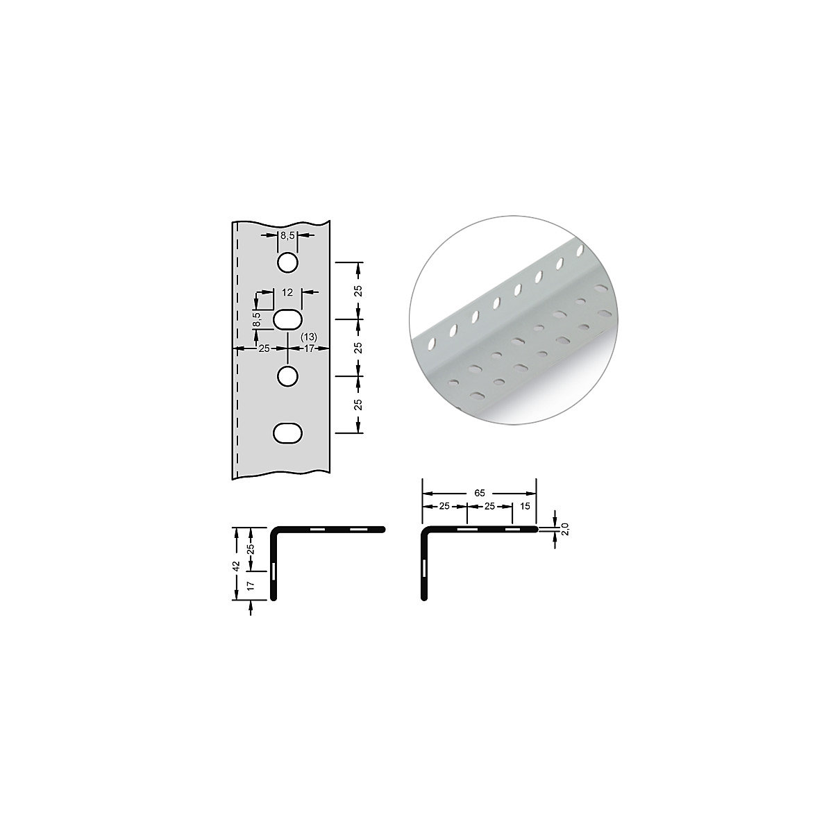 Angled steel profile for modular system – hofe, 65 x 42 x 2 mm, length 3 m, light grey, pack of 6-7