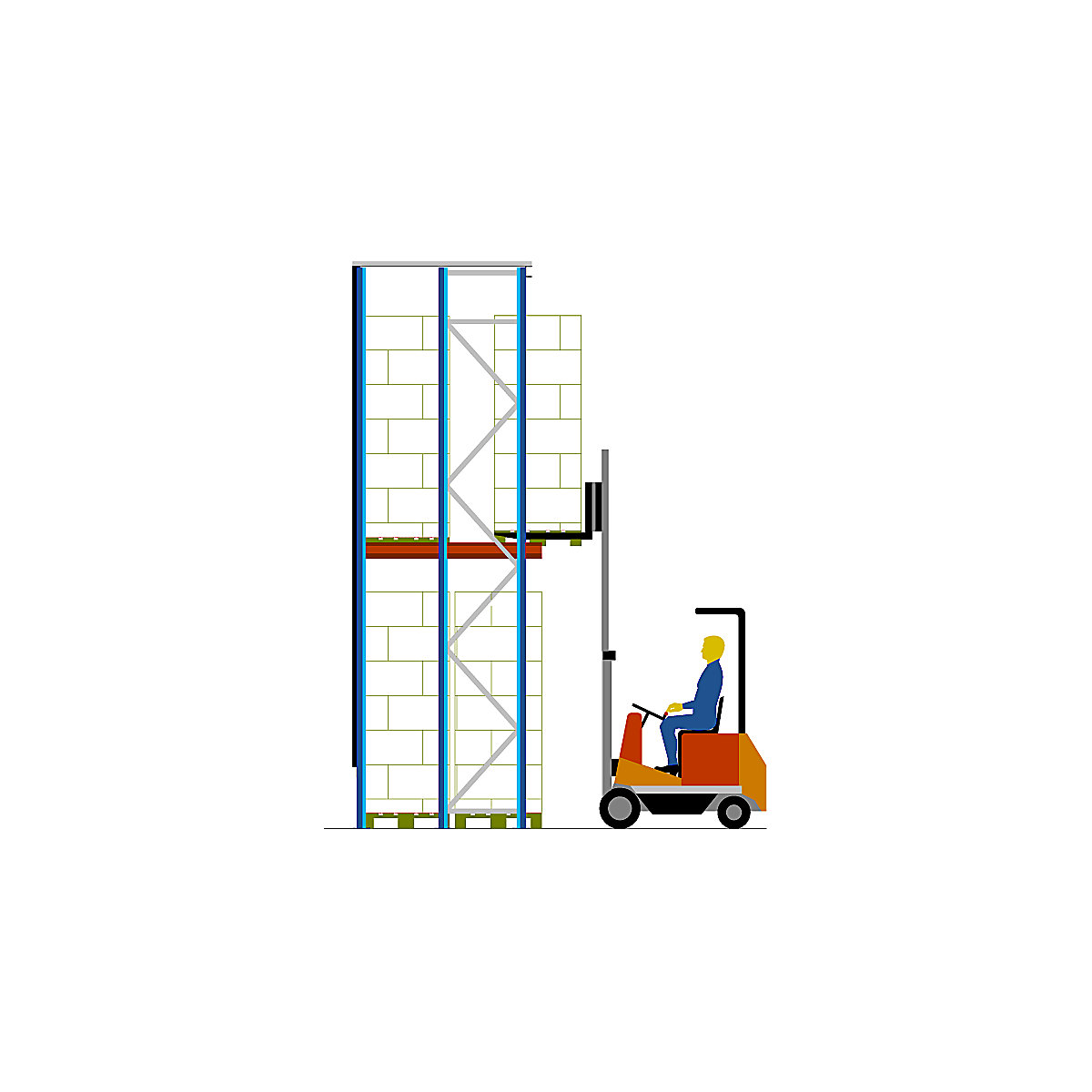 Drive-in shelving unit – eurokraft pro, shelf unit depth 1740 mm, 2 pallets deep, extension channel, uprights in gentian blue, brackets in pure orange-10