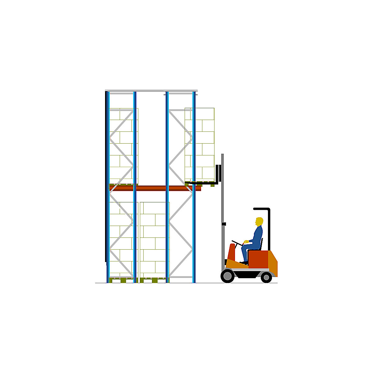 Drive-in shelving unit – eurokraft pro, shelf unit depth 2590 mm, 3 pallets deep, extension channel, uprights in gentian blue, brackets in pure orange-11