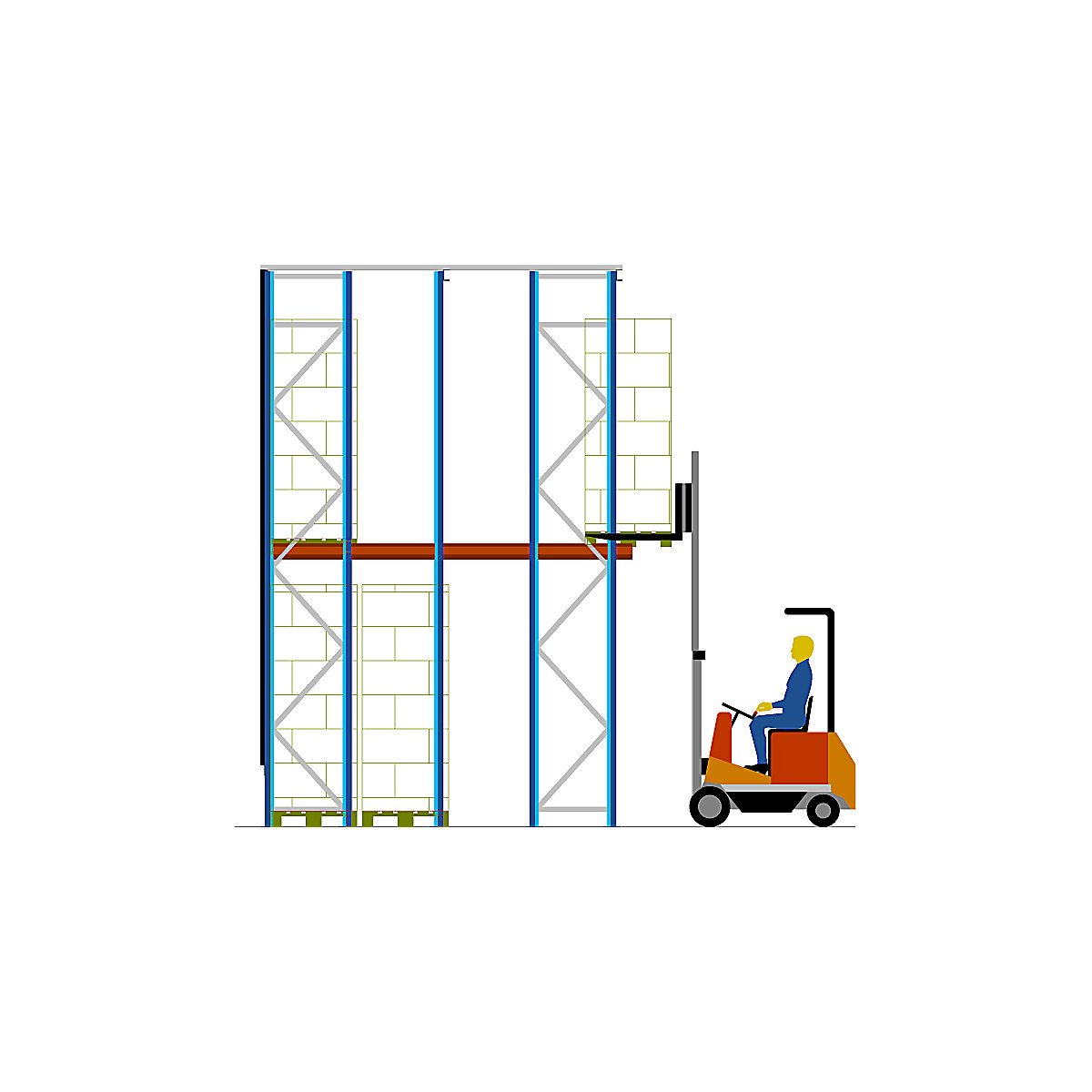 Drive-in shelving unit – eurokraft pro, shelf unit depth 3440 mm, 4 pallets deep, extension channel, uprights in gentian blue, brackets in pure orange-11