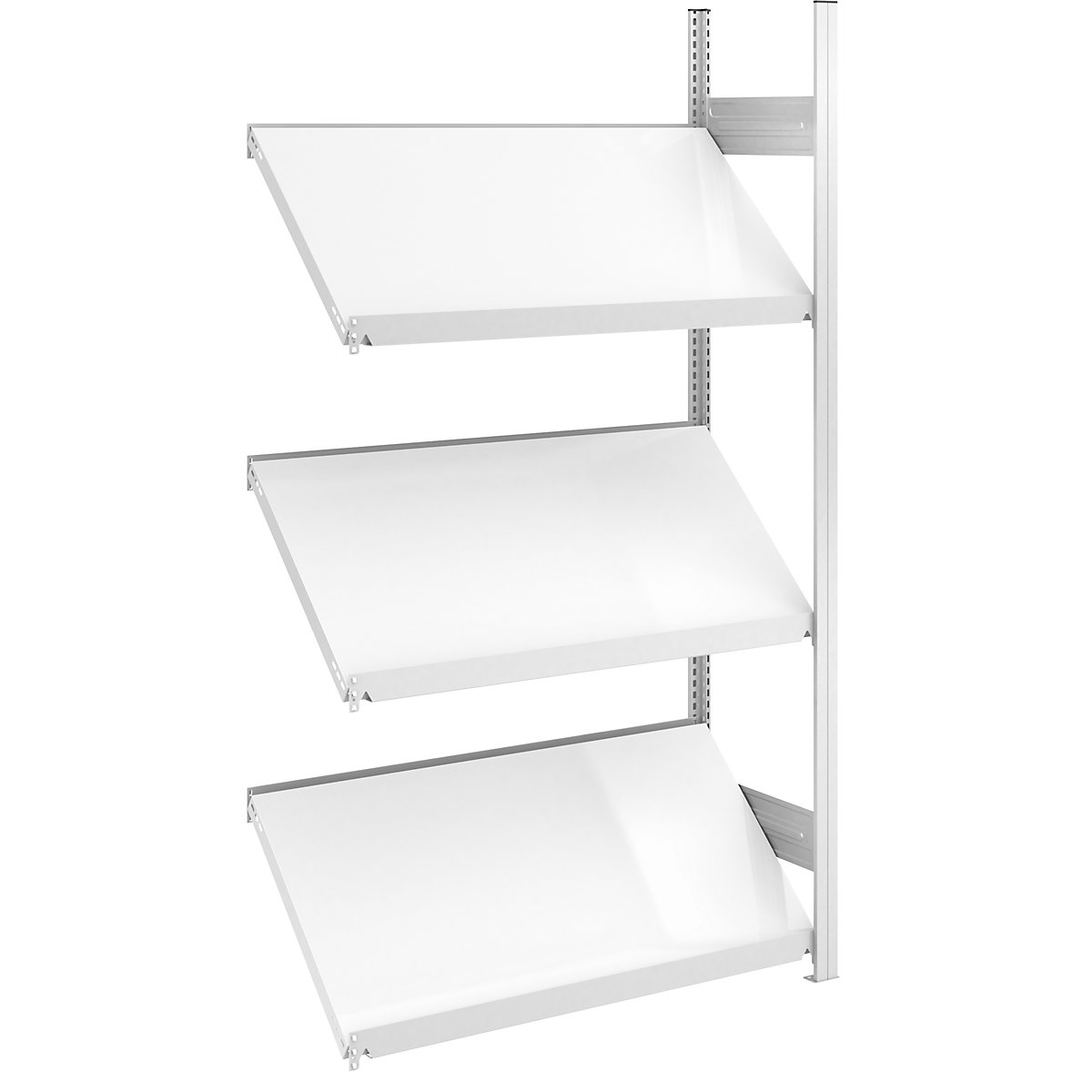 Slanted shelf unit – hofe, shelf unit height 2000 mm, shelf width 1000 mm, extension shelf unit, light grey RAL 7035