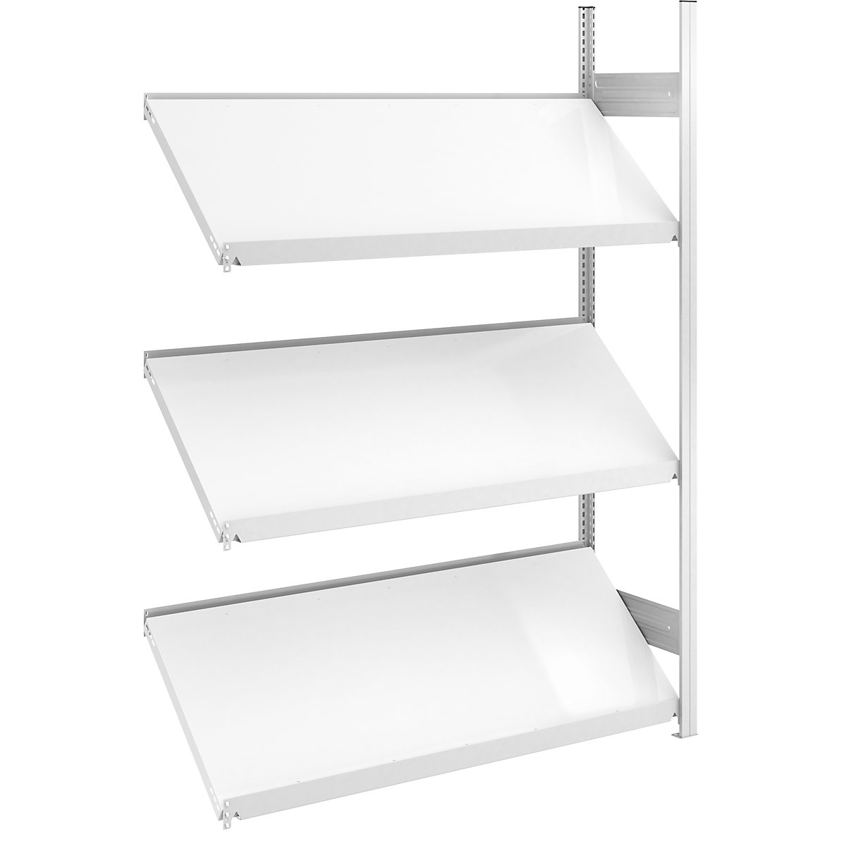 Slanted shelf unit – hofe, shelf unit height 2000 mm, shelf width 1300 mm, extension shelf unit, light grey RAL 7035