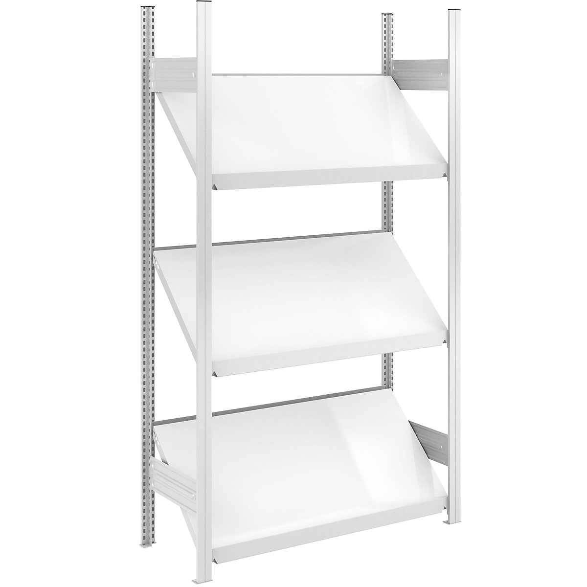 Slanted shelf unit – hofe, shelf unit height 2000 mm, shelf width 1000 mm, standard shelf unit, light grey RAL 7035