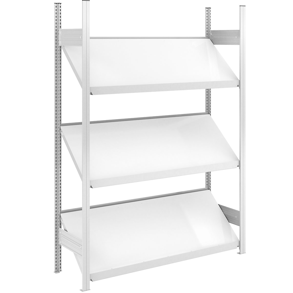 Slanted shelf unit – hofe, shelf unit height 2000 mm, shelf width 1300 mm, standard shelf unit, light grey RAL 7035