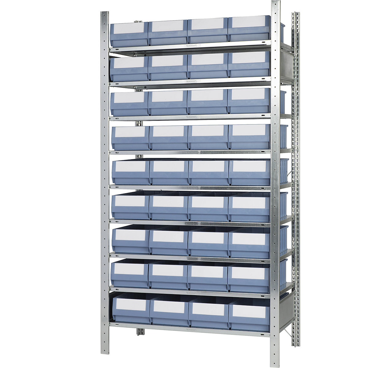 Boltless shelving unit with shelf bins – eurokraft pro, height 2000 mm, 36 bins, 9 shelves, depth 536 mm, standard shelf unit-9