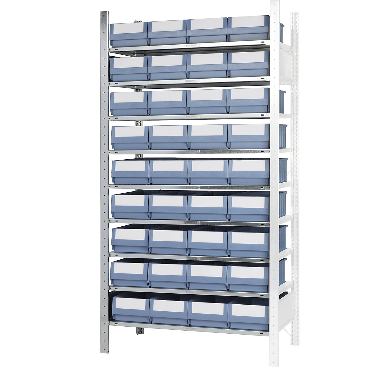 Boltless shelving unit with shelf bins – eurokraft pro, height 2000 mm, 36 bins, 9 shelves, depth 536 mm, extension shelf unit-8