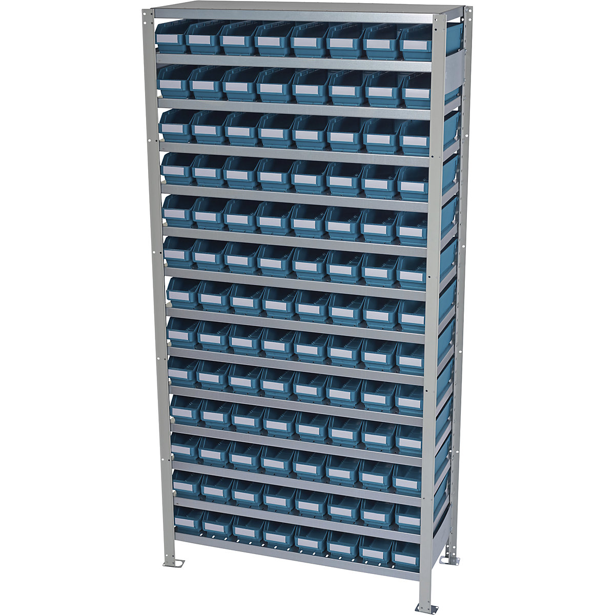 Boltless shelving unit with shelf bins – STEMO, shelf height 2100 mm, basic shelf unit, depth 400 mm, 104 green bins-12