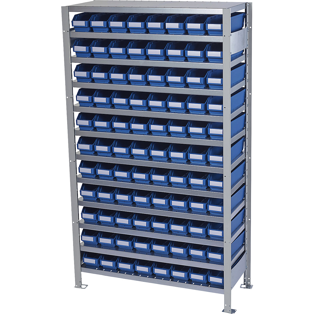 Boltless shelving unit with shelf bins – STEMO, shelf unit height 1790 mm, basic shelf unit, depth 300 mm, 88 blue bins-18