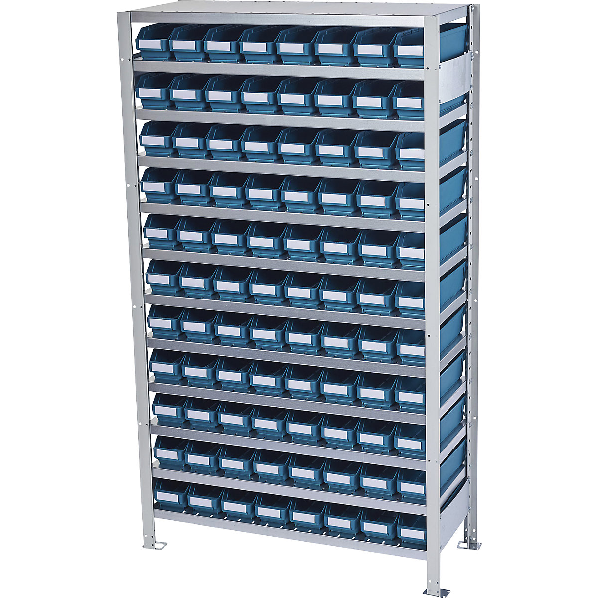 Boltless shelving unit with shelf bins – STEMO, shelf unit height 1790 mm, basic shelf unit, depth 300 mm, 88 green bins-10