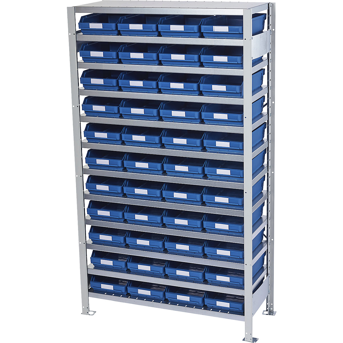 Boltless shelving unit with shelf bins – STEMO, shelf unit height 1790 mm, basic shelf unit, depth 300 mm, 44 blue bins-29