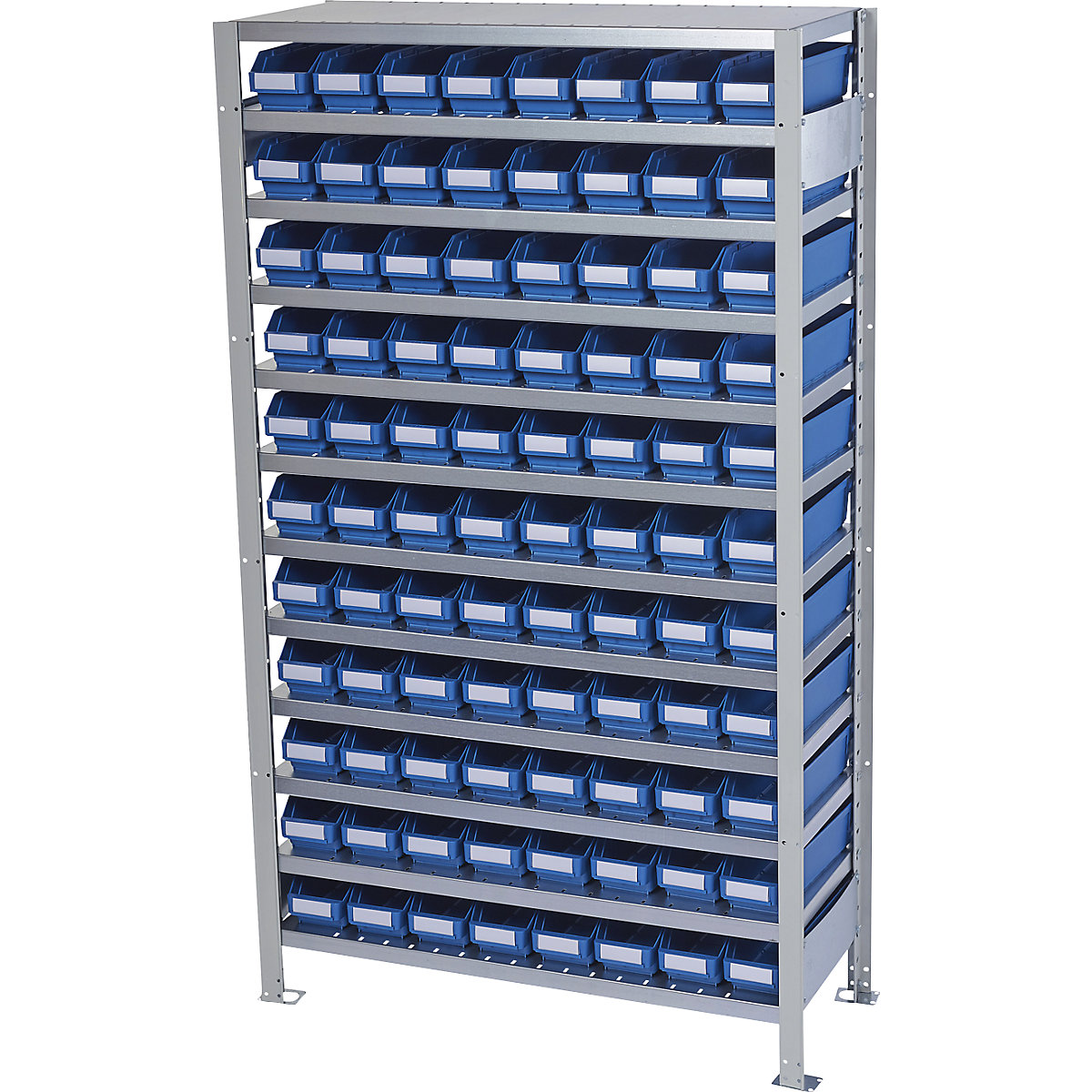 Boltless shelving unit with shelf bins – STEMO, shelf unit height 1790 mm, basic shelf unit, depth 400 mm, 88 blue bins-14