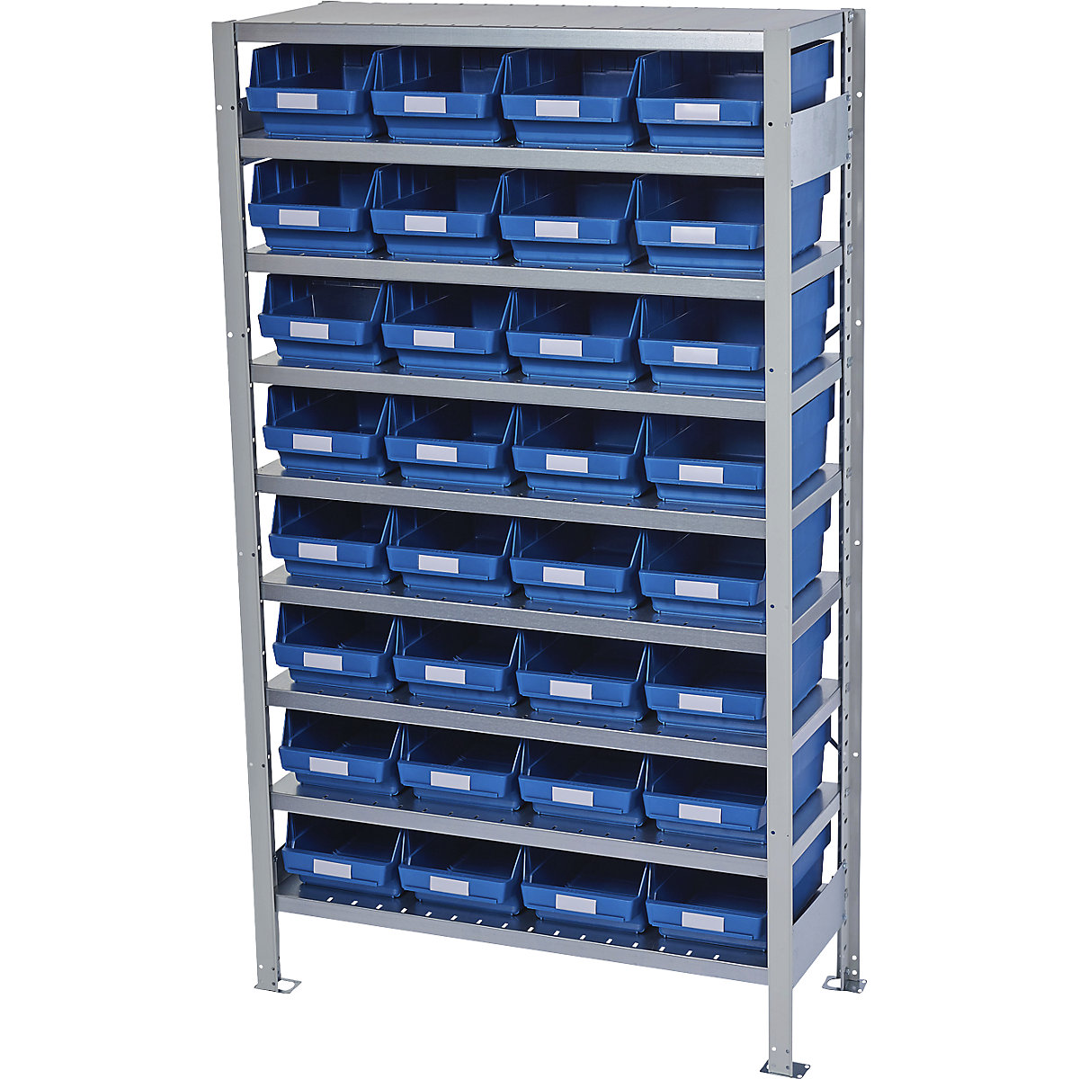 Boltless shelving unit with shelf bins – STEMO, shelf unit height 1790 mm, basic shelf unit, depth 400 mm, 32 blue bins-33