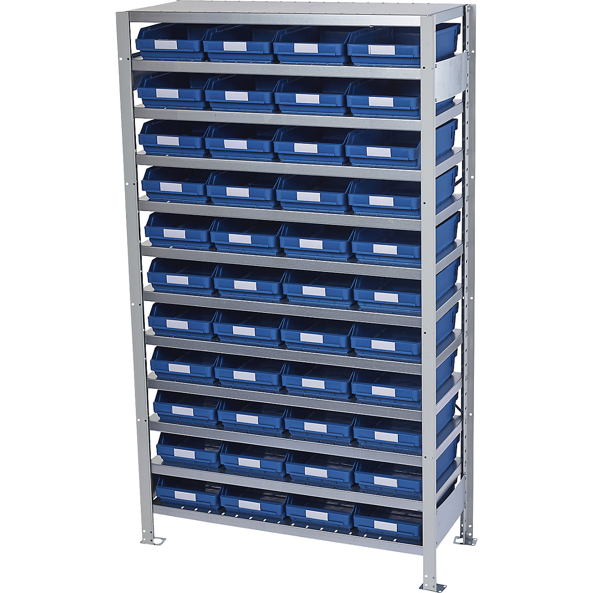Boltless shelving unit with shelf bins – STEMO, shelf unit height 1790 mm, basic shelf unit, depth 500 mm, 44 blue bins-35
