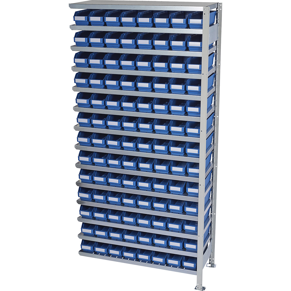 Boltless shelving unit with shelf bins – STEMO, shelf height 2100 mm, extension shelf unit, depth 300 mm, 104 blue bins-34