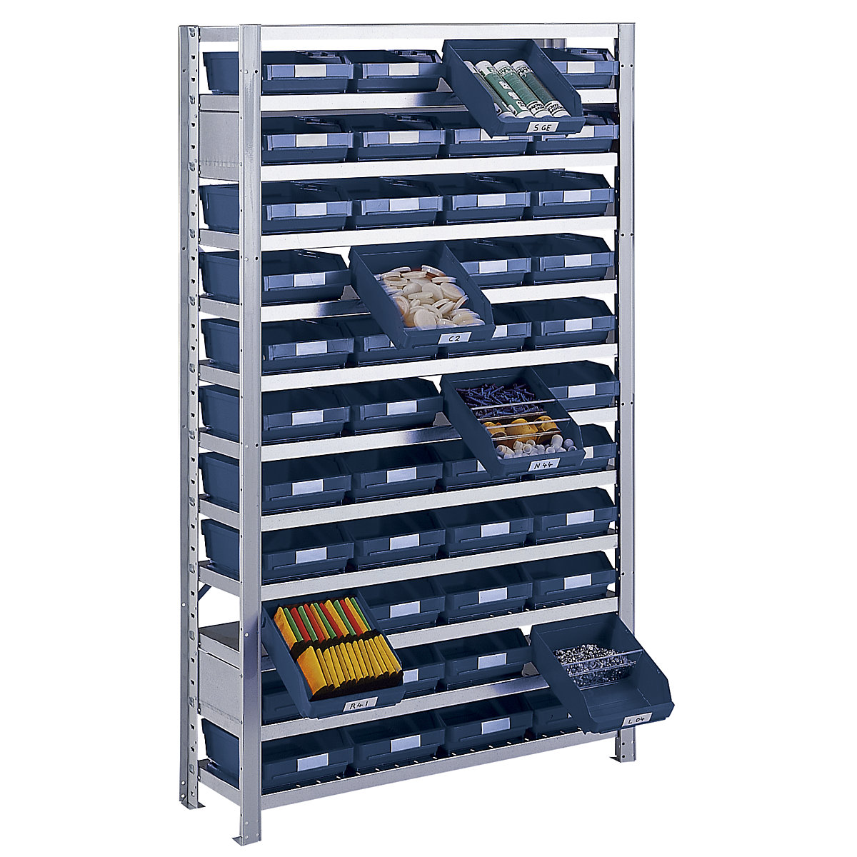 Boltless shelving unit with shelf bins – STEMO, shelf unit height 1790 mm, extension shelf unit, depth 300 mm, 44 blue bins-25