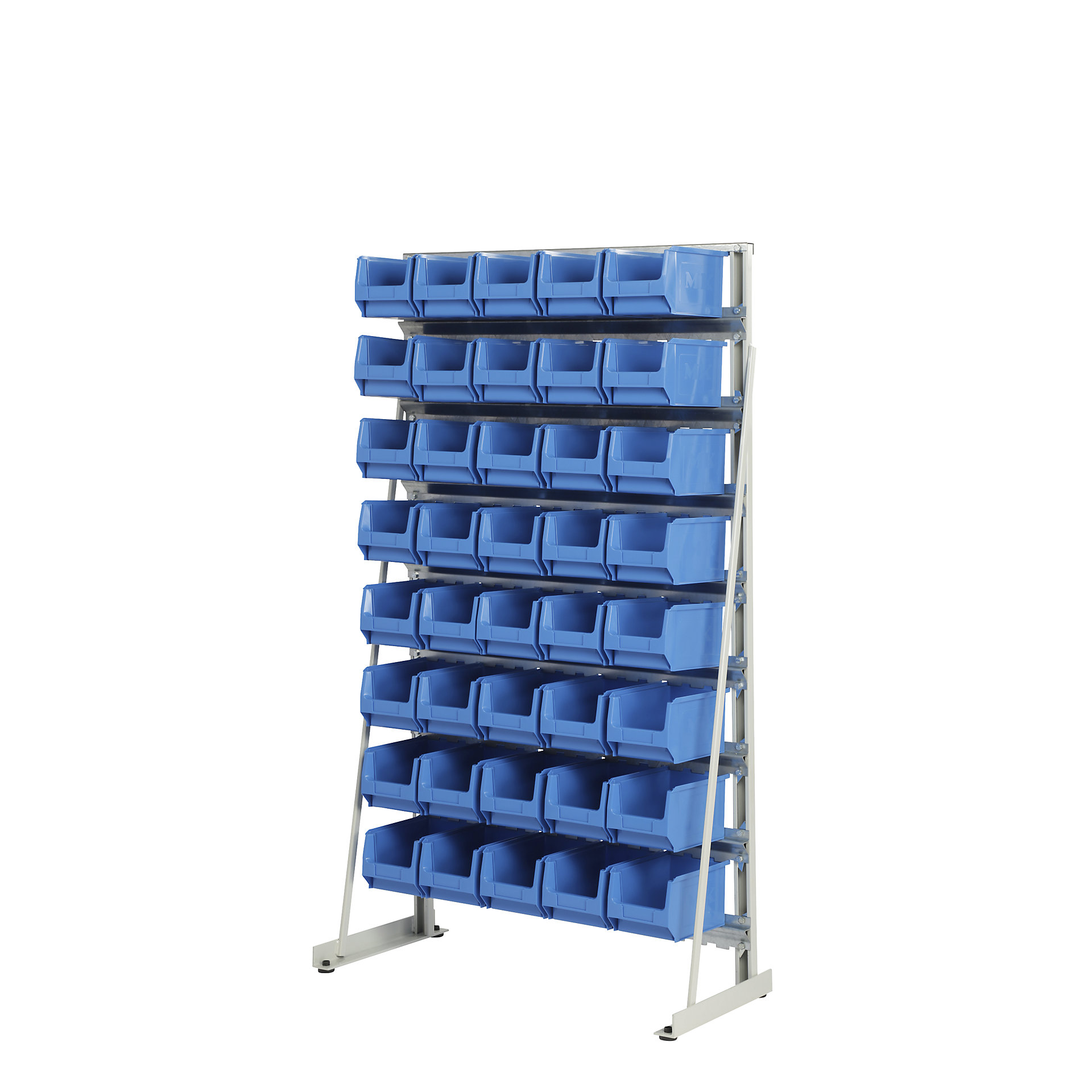 Freestanding small parts shelf unit with open fronted storage bins
