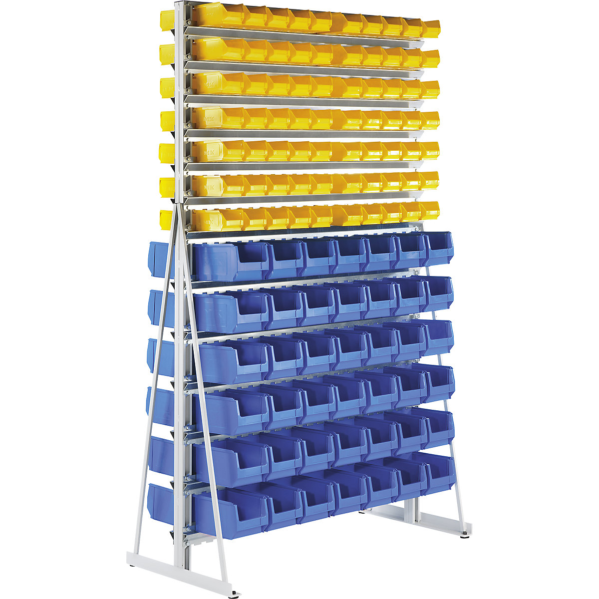 Free-standing small parts shelf unit with open fronted storage bins –  eurokraft pro: double sided