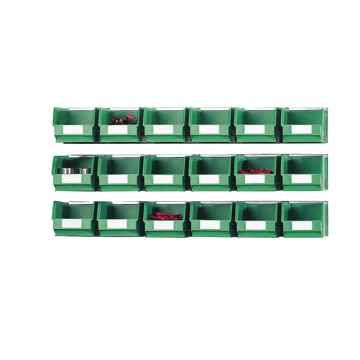 Set of suspension rails with open fronted storage bins, 3 rails, 18 bins, green-5