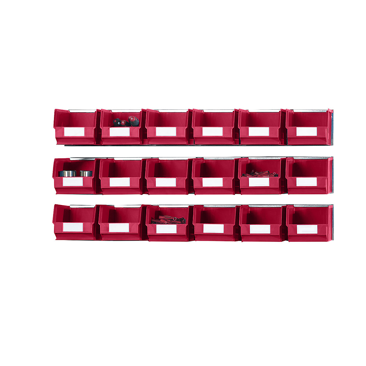Set of suspension rails with open fronted storage bins, 3 rails, 18 bins, red-2