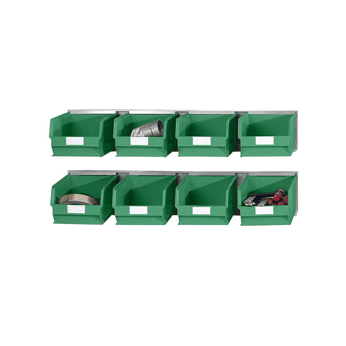 Set of suspension rails with open fronted storage bins, 2 rails, 8 bins, green-3