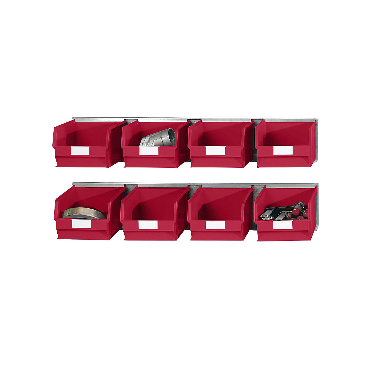 Set of suspension rails with open fronted storage bins, 2 rails, 8 bins, red-4