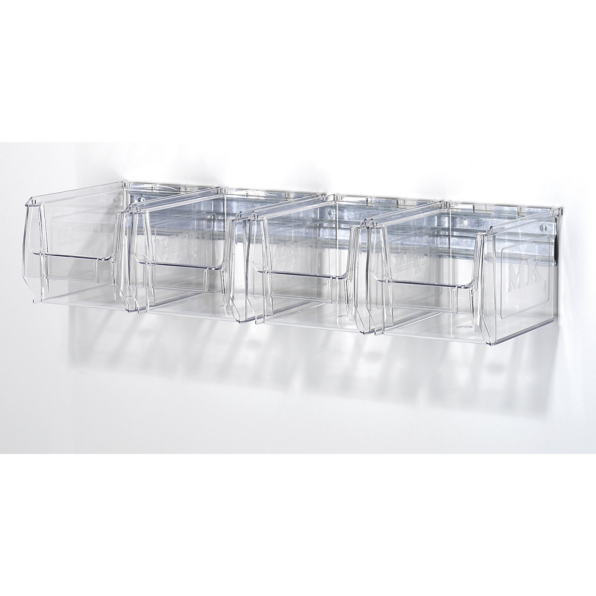 Wall mounted rail with open fronted storage bins – mauser, crystal clear, length 600 mm, 4 bins-4