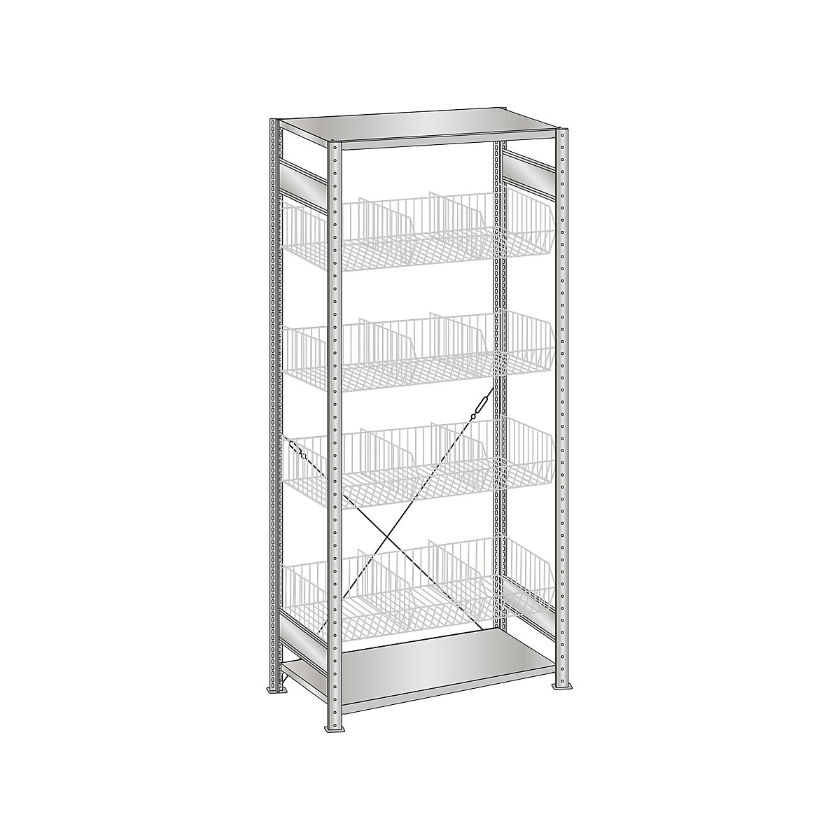 Wire mesh basket shelving unit, zinc plated – SCHULTE, WxD 1000 x 500 mm, with 4 baskets, standard shelf unit, height 2000 mm