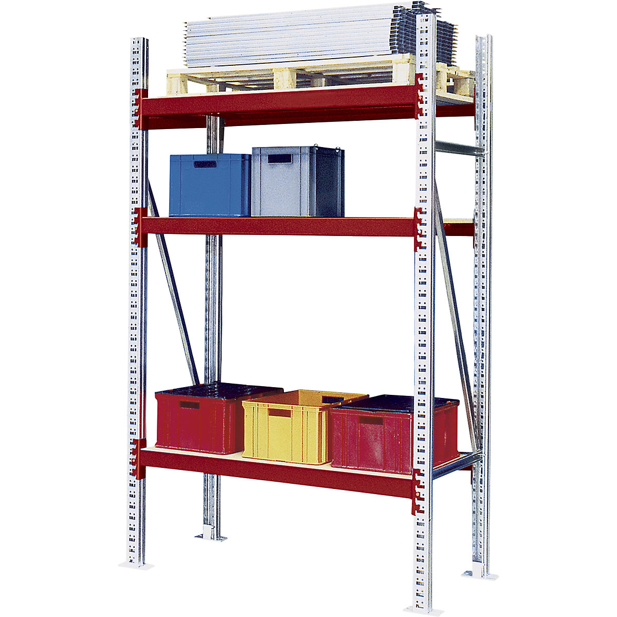 Wide span shelving unit – eurokraft pro, max. bay load 4000 kg, HxWxD 2000 x 1350 x 1100 mm, extension shelf unit, red RAL 3000