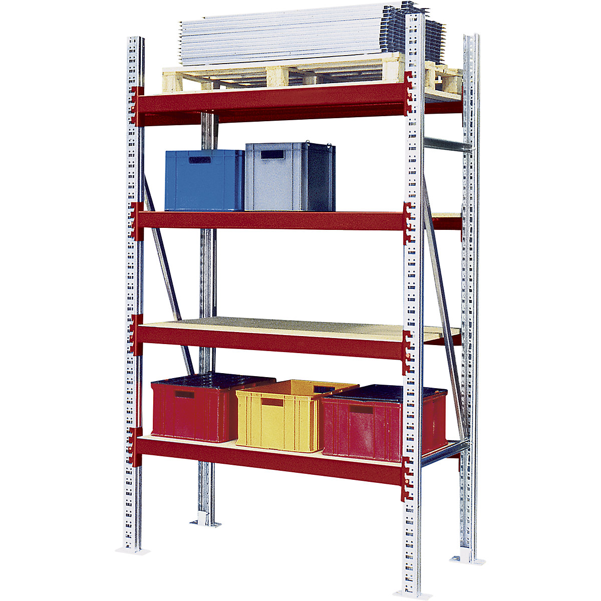 Wide span shelving unit – eurokraft pro, max. bay load 4000 kg, HxWxD 2500 x 1350 x 600 mm, extension shelf unit, red RAL 3000
