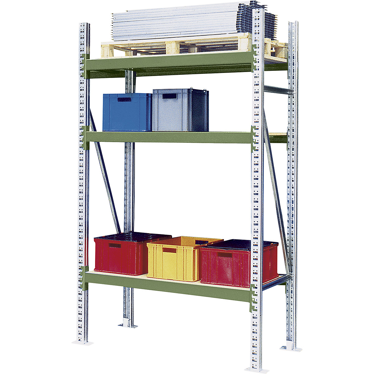 Wide span shelving unit – eurokraft pro, max. bay load 4000 kg, HxWxD 2000 x 1350 x 1100 mm, extension shelf unit, green RAL 6011