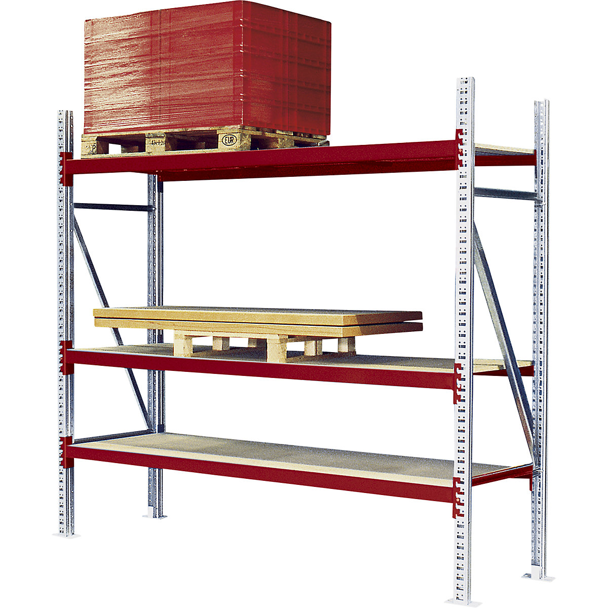 Wide span shelving unit – eurokraft pro, max. bay load 4000 kg, HxWxD 2000 x 2700 x 800 mm, extension shelf unit, red RAL 3000