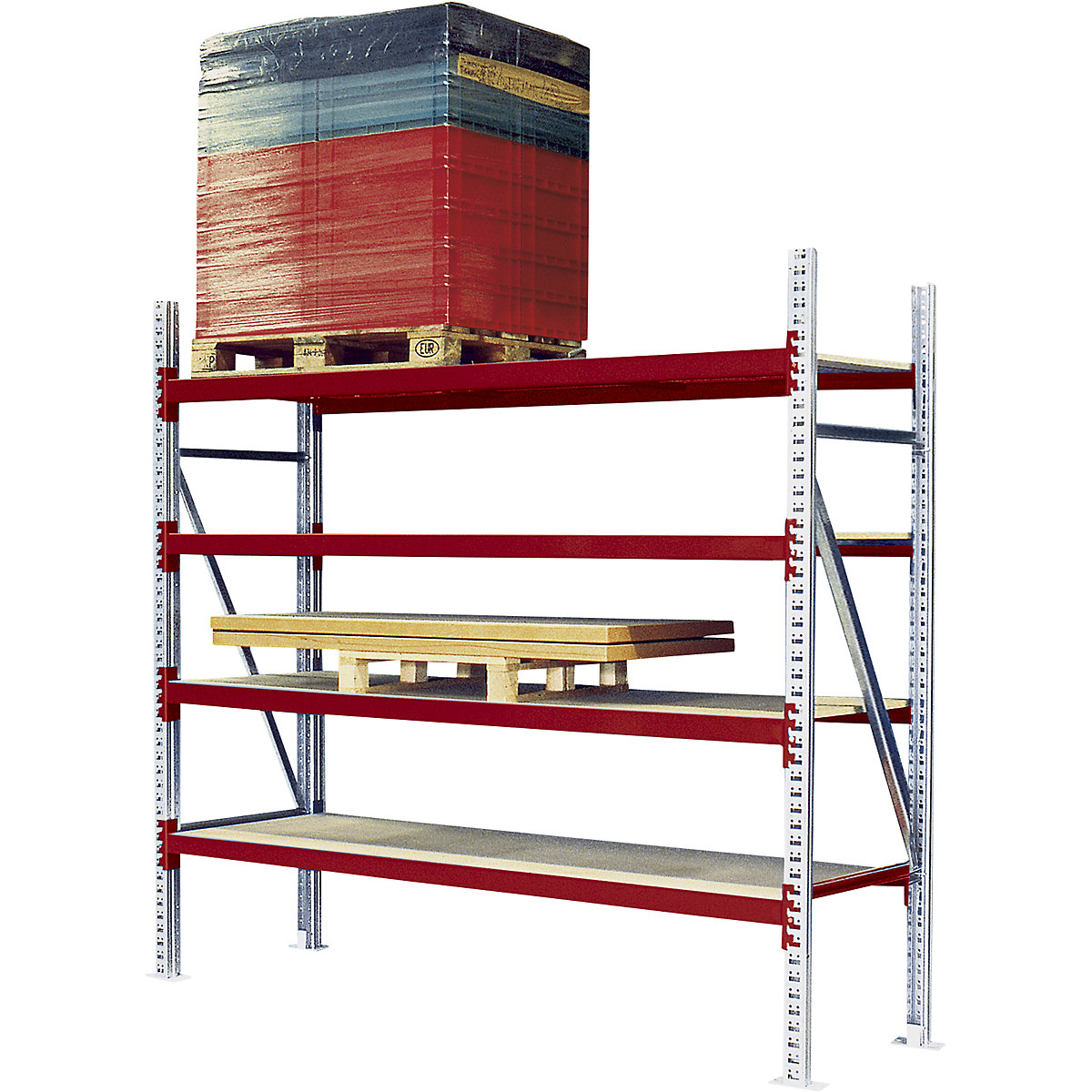 Wide span shelving unit – eurokraft pro, max. bay load 4000 kg, HxWxD 2500 x 2700 x 1100 mm, extension shelf unit, red RAL 3000