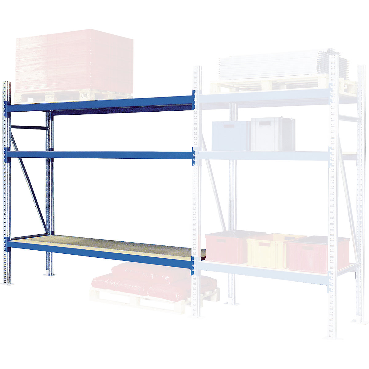 Wide span shelving unit – eurokraft pro, max. bay load 4000 kg, HxWxD 2000 x 2700 x 600 mm, extension shelf unit, blue RAL 5010
