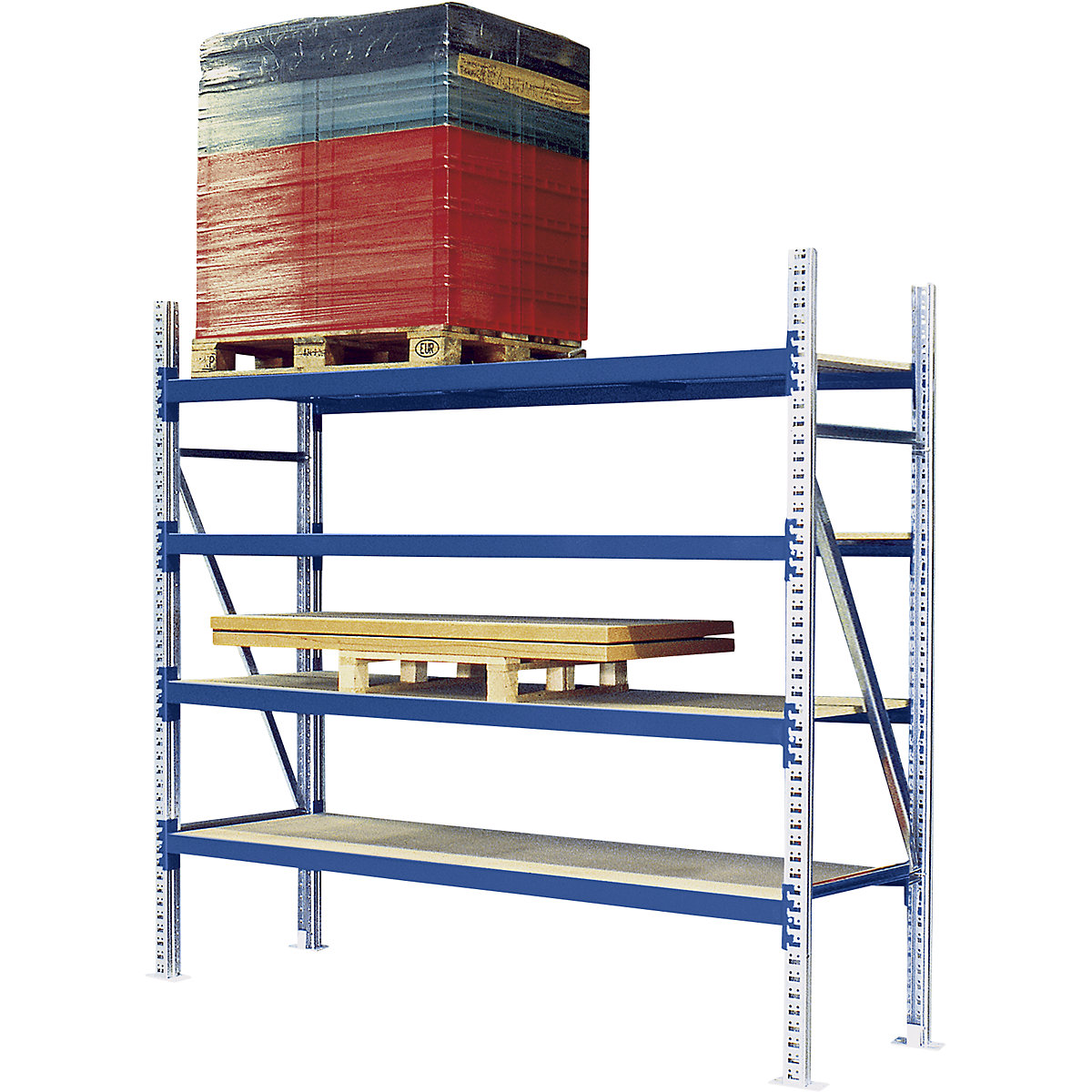 Wide span shelving unit – eurokraft pro, max. bay load 4000 kg, HxWxD 2500 x 2700 x 800 mm, extension shelf unit, blue RAL 5010