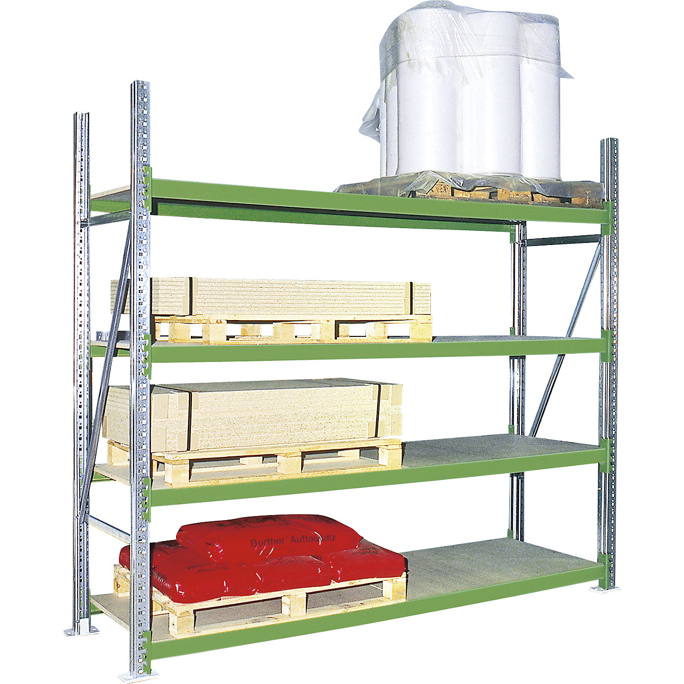 Wide span shelving unit with moulded chipboard shelves eurokraft pro