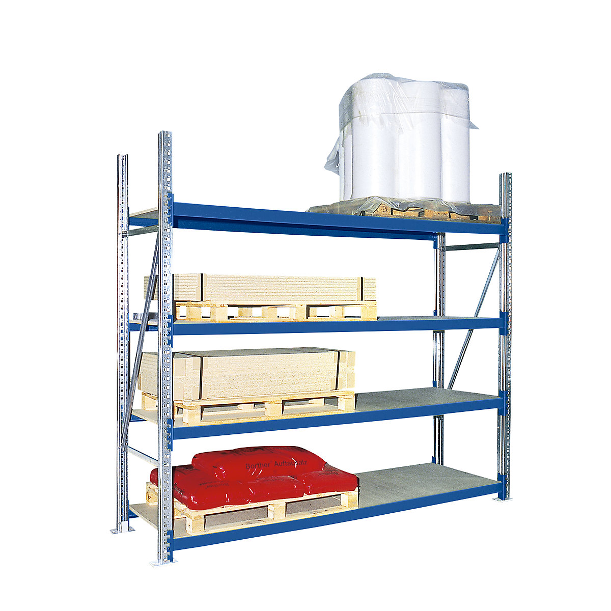 Wide span shelving unit with moulded chipboard shelves – eurokraft pro, depth 1100 mm, cross beam length 1800 mm, height 2500 mm, standard shelf unit, blue RAL 5010