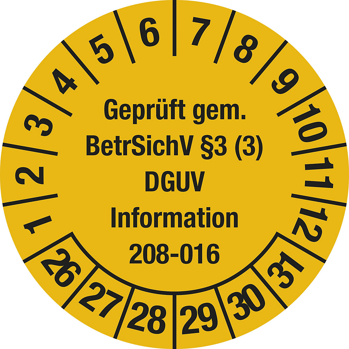 Geprüft gem BetrSichV §3, Dokumentenfolie, Ø 30 mm, VE 10 Stk, 26 – 31, gelb-2