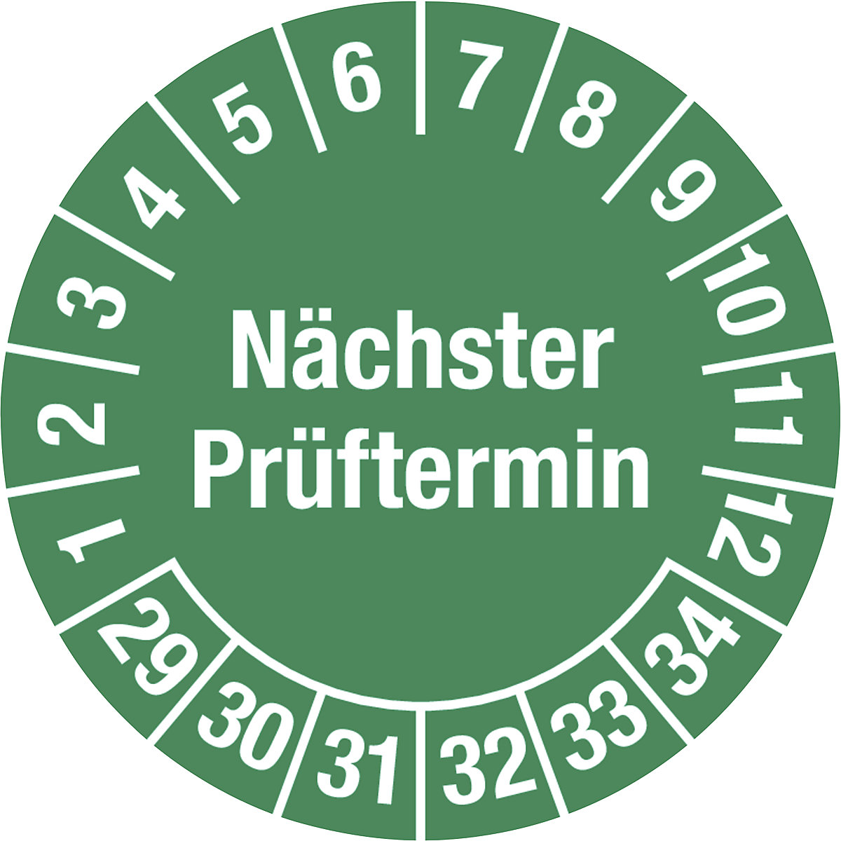 Mehrjahresplakette, Nächster Prüftermin, Dokumentenfolie, Ø 20 mm, 29 – 34, grün-2