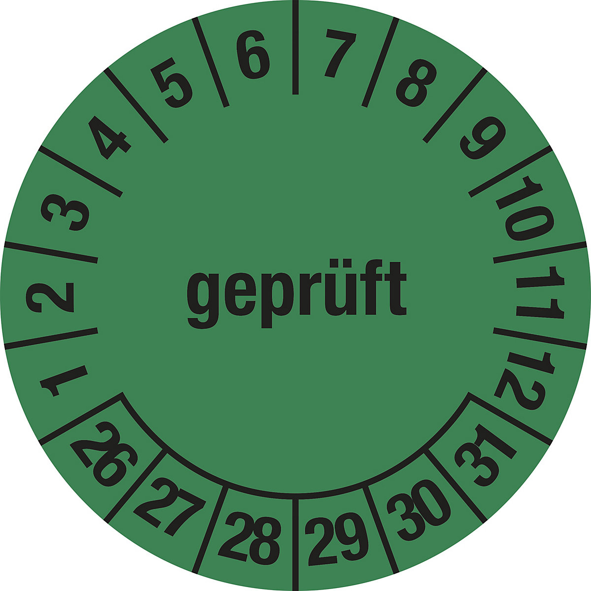 Mehrjahresplakette, geprüft, grün, Dokumentenfolie, Ø 30 mm, VE 10 Stk, 26 – 31-5