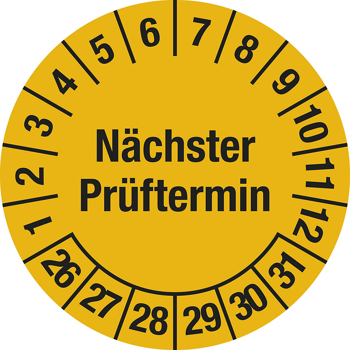 Nächster Prüftermin, Mehrjahreszahlen, Dokumentenfolie, Ø 30 mm, VE 10 Stk, 26 – 31, gelb-3