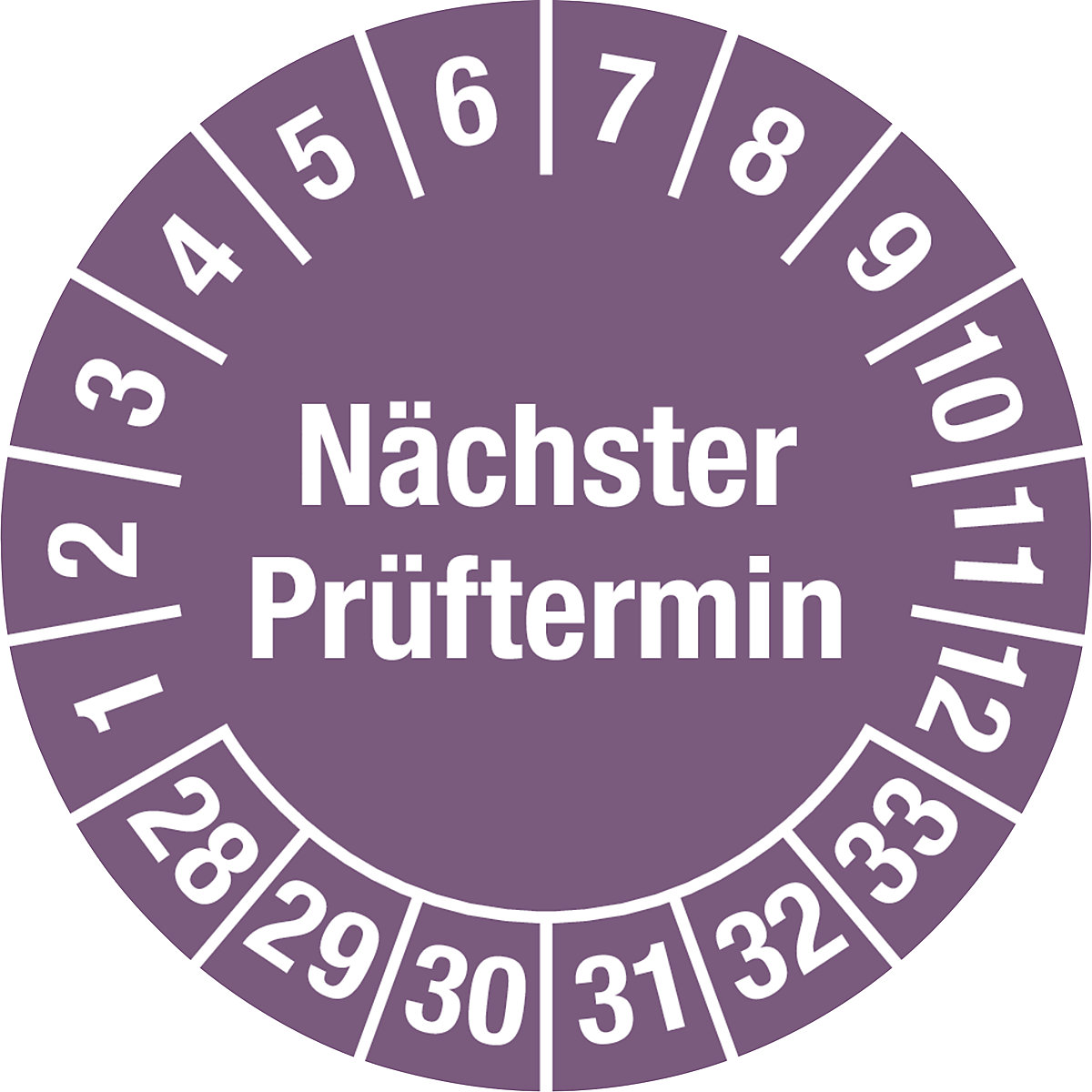 Nächster Prüftermin, Mehrjahreszahlen, Dokumentenfolie, Ø 25 mm, VE 10 Stk, 28 – 33, violett-3
