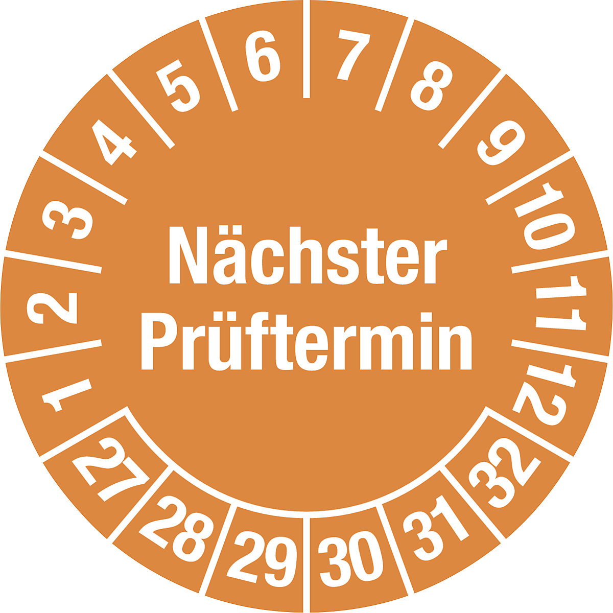 Nächster Prüftermin, Mehrjahreszahlen, Dokumentenfolie für ölhaltige Untergründe, Ø 30 mm, VE 10 Stk, 27 – 32, orange-4