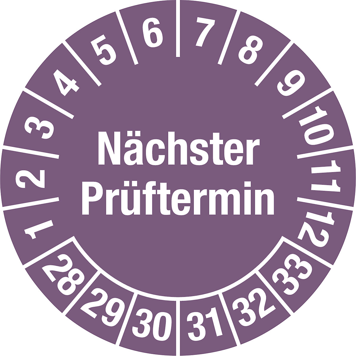 Nächster Prüftermin, Mehrjahreszahlen, Dokumentenfolie für ölhaltige Untergründe, Ø 30 mm, VE 10 Stk, 28 – 33, violett-3