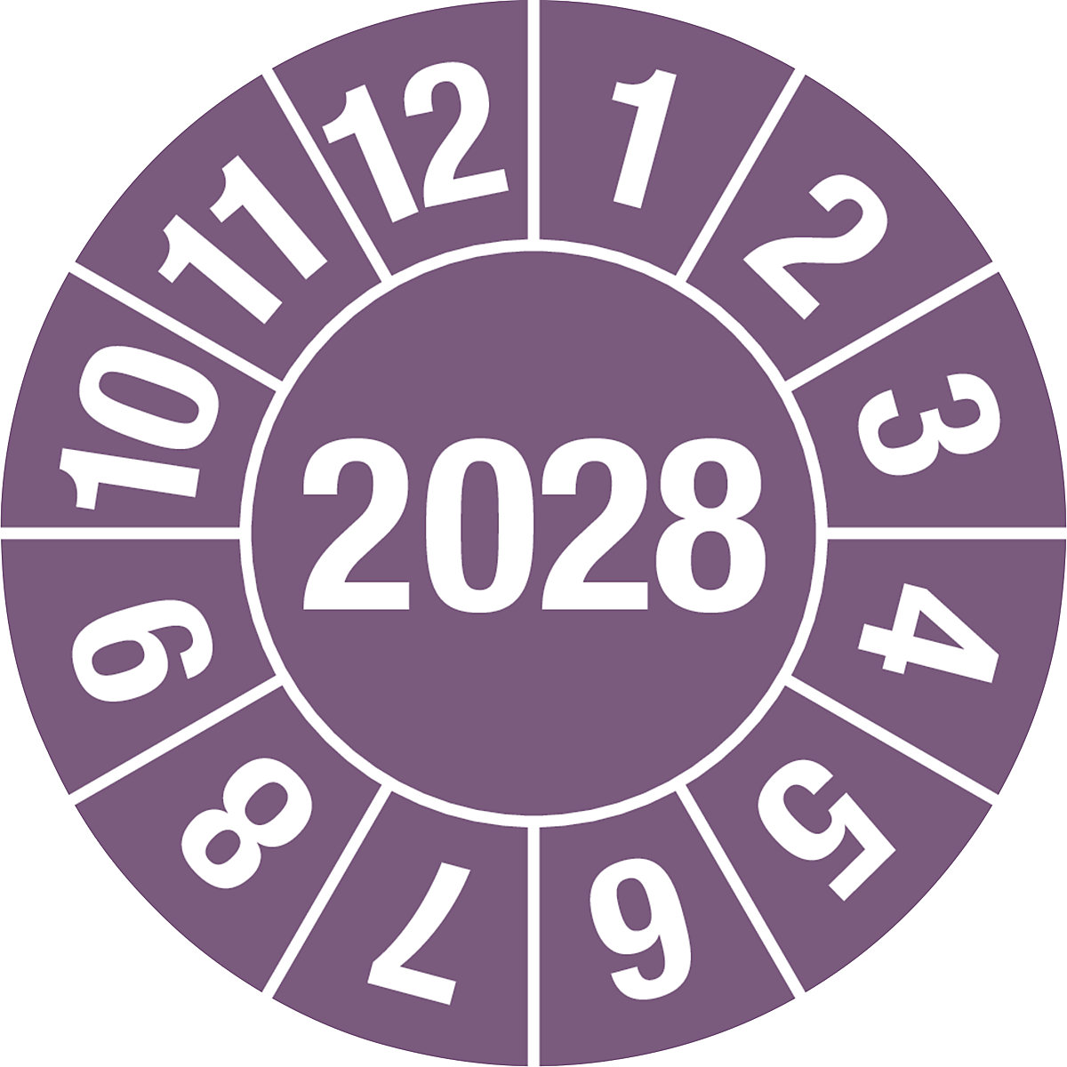 Prüfplakette, Jahreszahl 4-stellig, Dokumentenfolie, Ø 25 mm, VE 10 Stk, 2028, violett-3