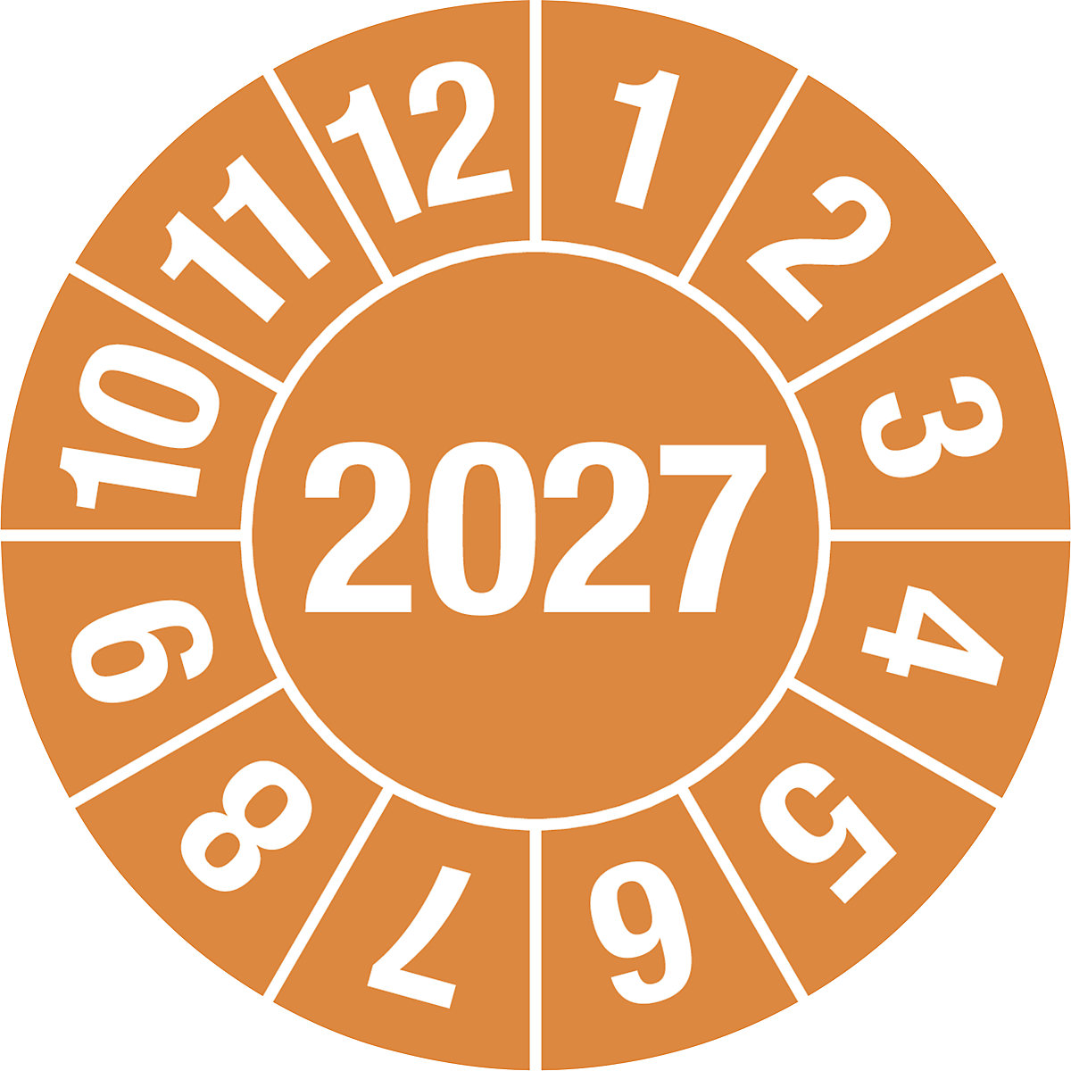 Prüfplakette, Jahreszahl 4-stellig, Dokumentenfolie, Ø 30 mm, VE 10 Stk, 2027, orange-5