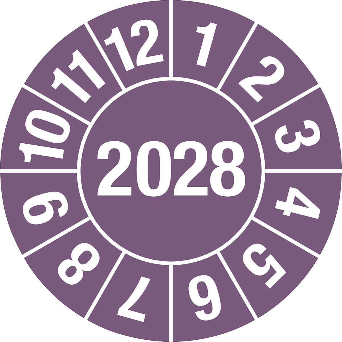 Prüfplakette, Jahreszahl 4-stellig, Dokumentenfolie, Ø 30 mm, VE 10 Stk, 2028, violett-1