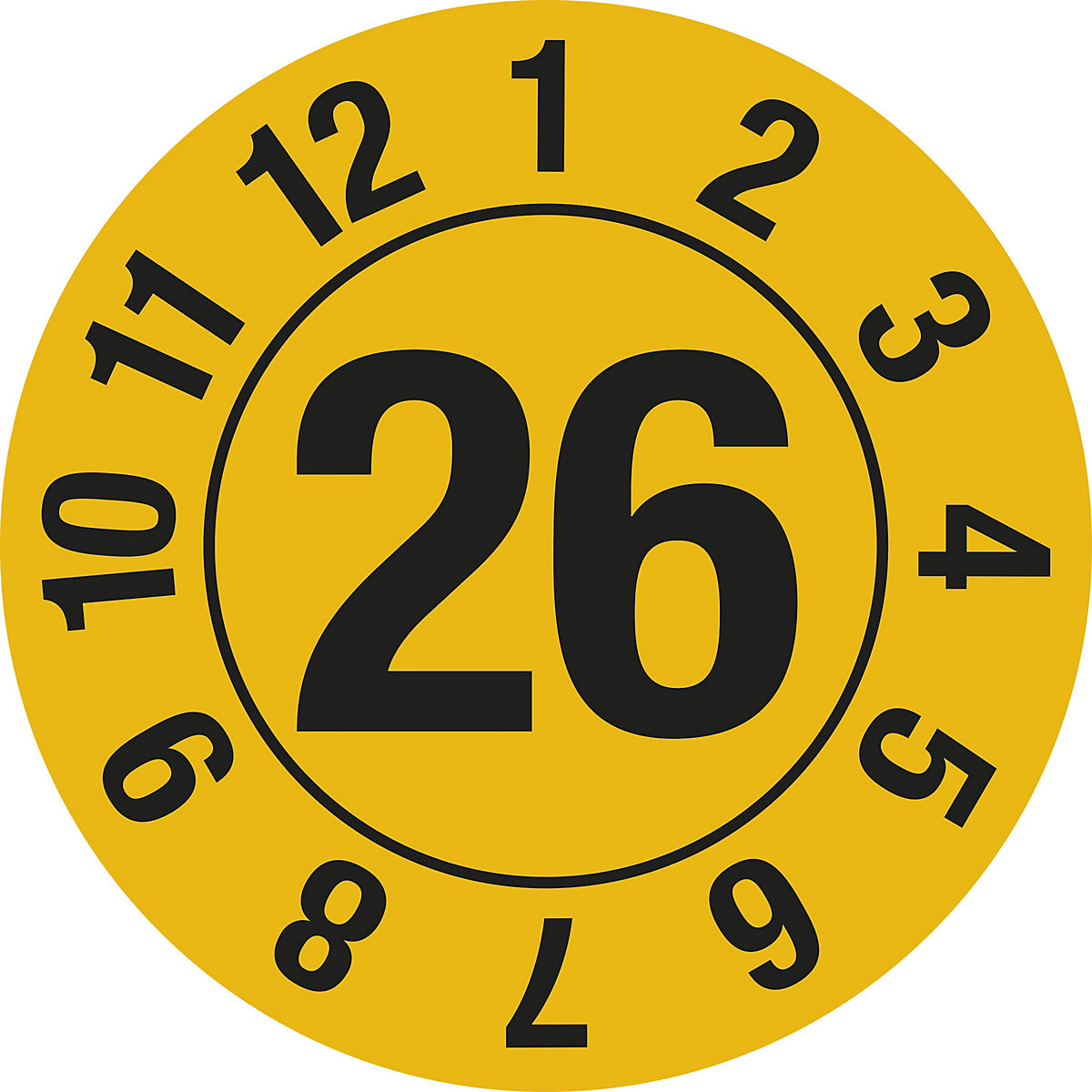 Prüfplakette, Jahreszahl, Dokumentenfolie, im Kreis, Ø 10 mm, 26, gelb-6